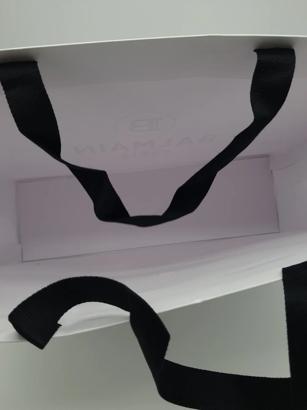 BALMAIN PARIS Large White Black Logo Luxury Shopping Gift Bag Ribbon Handles EUC